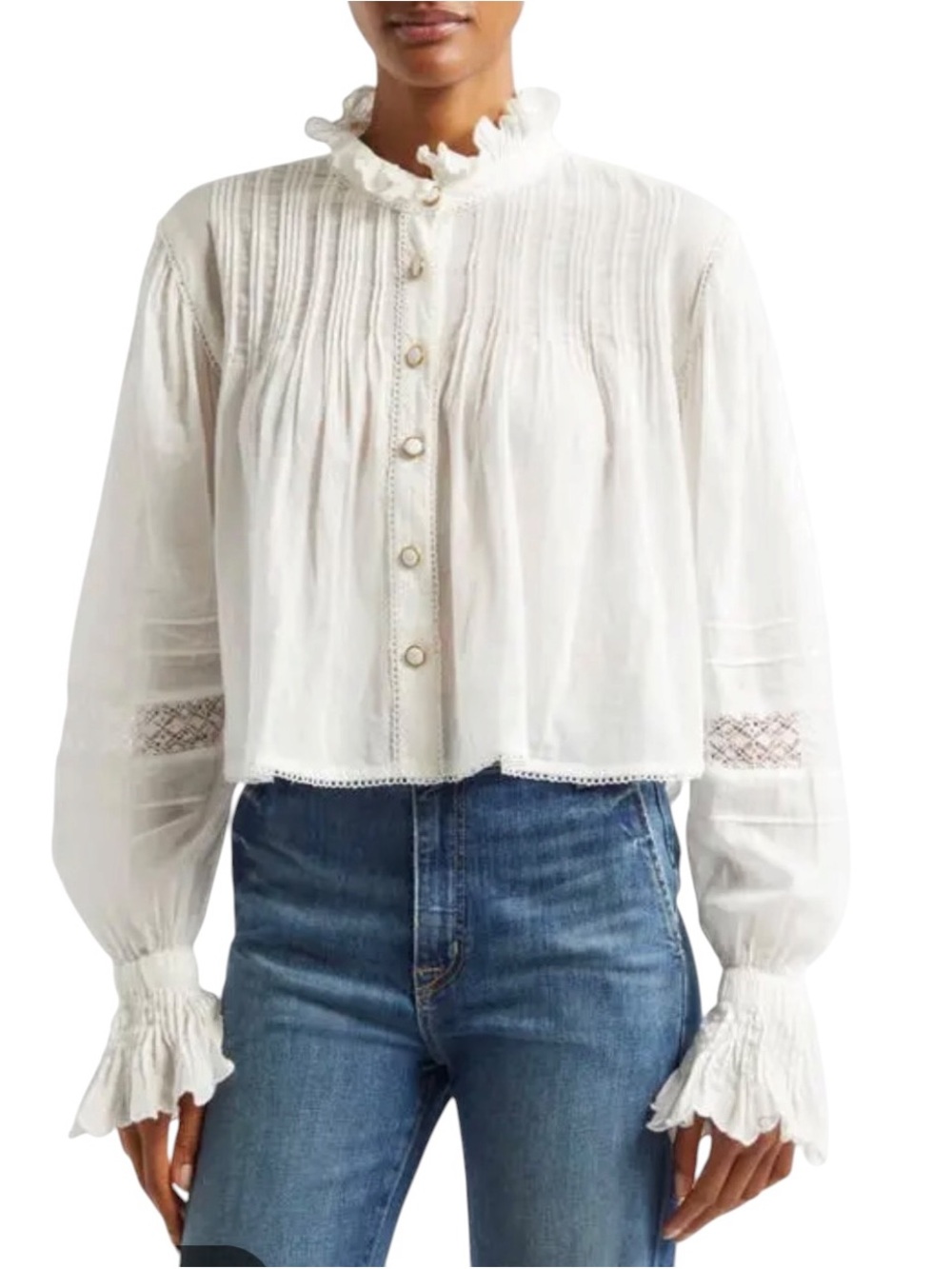 Farm Rio White Ruffle Sleeve Gold Button-Down Shirt | Size Large